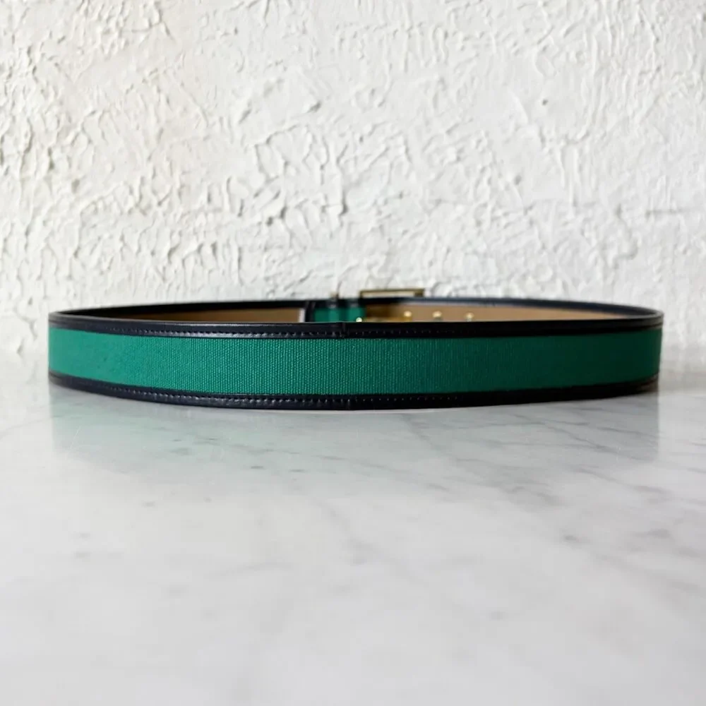 Talbots Belt Green Canvas Navy Leather Trim Gold Tone Buckle Women's L Preppy